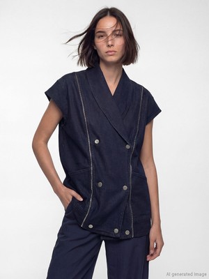 Lcw Lacivert Kruvaze Yaka Kadın Jean Yelek