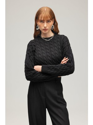 Saade Siyah Kadın Saç Örgü Detaylı Crop Triko Kazak