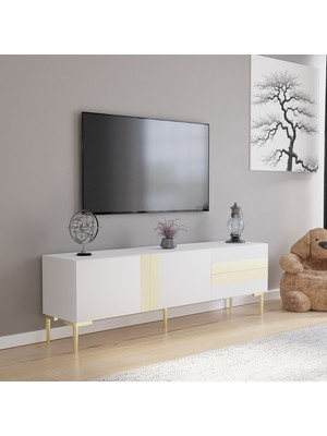 Nilah Defne 140 cm Modern Tv Sehpası Beyaz Gold