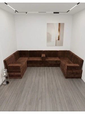 Bakırözü Home Premium Kadife Kumaş, Konforlu Yer Kanepesi ,modüler Şark Köşesi Takımı - Kahve - 40 cm - U Set