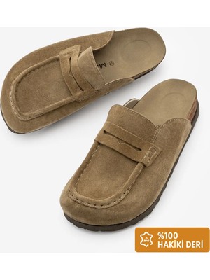 Marjin Kadın Hakiki Deri Eva Taban Önü Kapalı Sabo Olive Süet Günlük Terlik Solevu Toprak Süet
