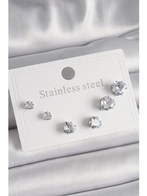 Uravas Store Çelik Gümüş Renk Zirkon Taşlı Model Kadın Küpe Seti