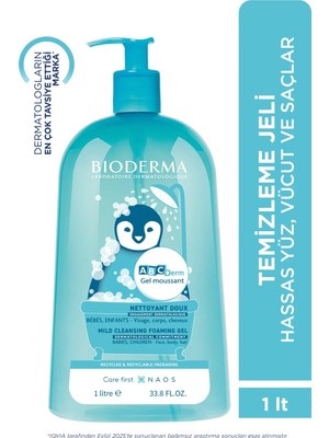 ABCDerm Bebek ve Çocuk Yüz, Saç, Vücut Şampuanı 1 Lt Normal ve Kuru Ciltler, Dermatolojik Tuzsuz