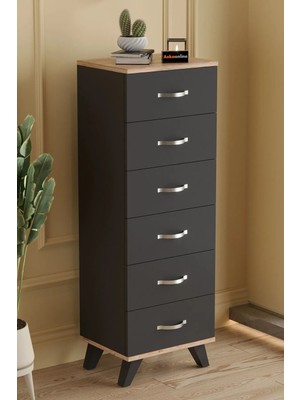 Aeka AE-3038 Belinda 6 Çekmeceli Modern Tasarımlı Şifonyer Antrasit Gri 132 cm Yükseklik