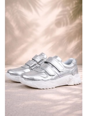 Rakerplus Hakiki Deri Gümüş Beyaz Tabanlı Kız Çocuk Sneakers Ayakkabı