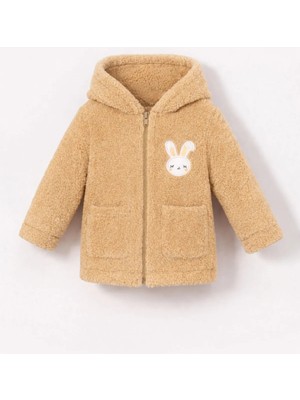 Bubito Tavşan Nakışlı Fermuarlı Cepli Kız Bebek Peluş Welsoft Kışlık Hırka-Kahverengi