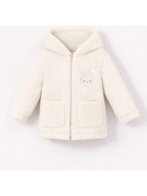 Tavşan Nakışlı Fermuarlı Cepli Kız Bebek Peluş Welsoft Kışlık Hırka-Beyaz