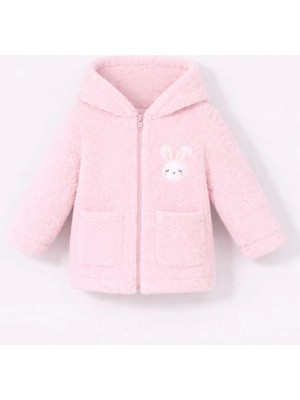 Tavşan Nakışlı Fermuarlı Cepli Kız Bebek Peluş Welsoft Kışlık Hırka-Pembe