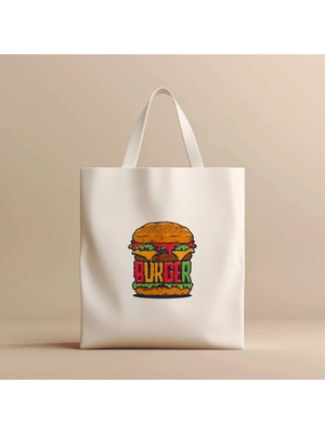 Hobi Hediye Lezzetli Burger Tasarımlı Renkli Baskılı %100 Bez Çanta
