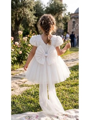 Kız Çocuk Elbise Balon Kısa Kol Detay Lı Kuyruklu Fiyonk Party Doğum Günü Elbise