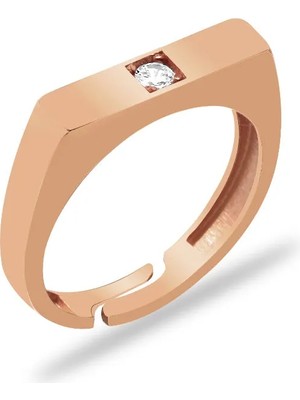 Tesbihname Beyaz Zirkon Taşlı Modern Tasarım Rose Renk Ayarlanabilir Ölçü 925 Ayar Gümüş Kadın Tektaş Yüzük