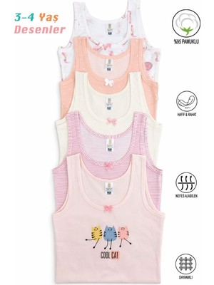 Özkan 41600 5'li Paket Kız Çocuk Karışık Renkli Desenli Pamuklu Yumuşak Rahat Kalın Askılı Atlet