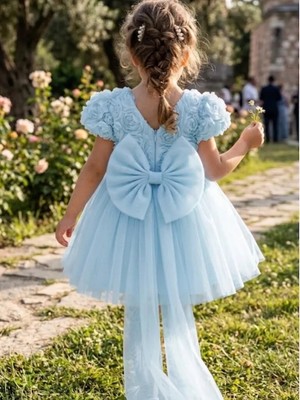 Kız Çocuk Elbise Balon Kısa Kol Detay Lı Kuyruklu Fiyonk Party Doğum Günü Elbise