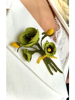 Kuvars Atalier Yeşil Gelincik Çiçekli Iğne Oyası Yaka Iğnesi - El Yapımı Zarif Şık Broş