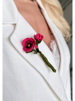 Kuvars Atalier Pembe Gelincik Çiçekli Iğne Oyası Yaka Iğnesi - El Yapımı Zarif Şık Broş