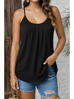 Amorluxe Kadın Ip Askılı Yuvarlak Yakalı Pileli Uzun Viskon Bluz