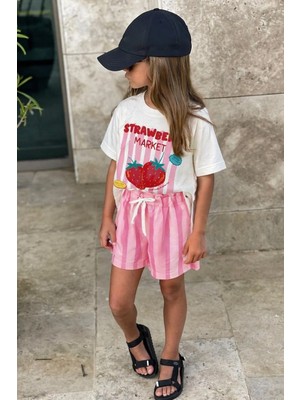 Monila Kız Çocuk Pamuklu Çilek Baskılı T-Shirt ve Çizgili Şort Alt Üst Takım