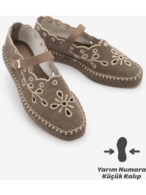 Marjin Kadın Mary Jane Keten Nakışlı Desenli Bantlı Jüt Espadril Babet Forven Vizon Keten