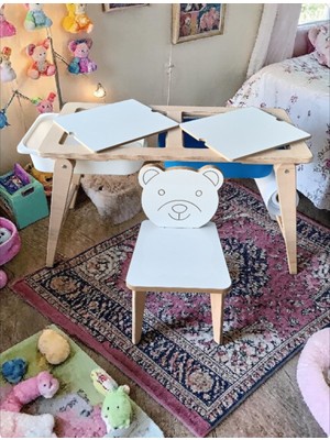 Yaz Sil Yüzeyli Kontraplak Ayıcık Figür Katlanır Çocuk Aktivite Tek Sandalyeli Masa Takımı