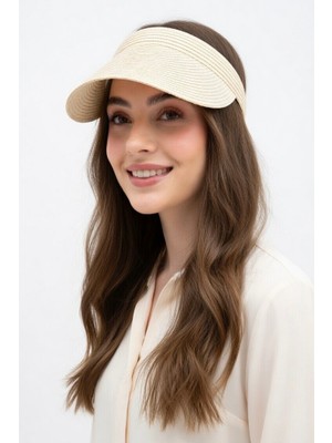 Mollycrush Kadın Krem Hasır Yazlık Tesettür Uyumlu Vizör - Plaj Kullanıma Uygun Güneş Koruyucu Tenisçi Şapka