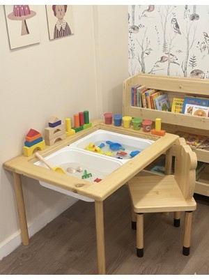 Lilikids Shop Ahşap Çocuk Masa Sandalye Seti – Çift Taraflı Tahtalı + Ayı Figürlü Sandalye, Montessori Uyumlu