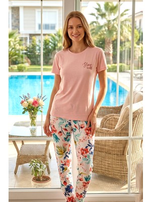 Remsa Kadın Desenli Kısa Kol Suprem Pijama Takımı 0001 PEMBE03