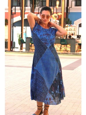 Bohemania Kadın Mavi Patchwork Kısa Kollu Uzun Elbise