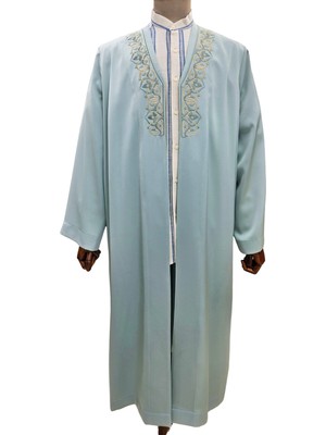 Akıncı Tekstil Mint Yeşili Buhara Yaka Gold Nakışlı Cübbe - Namaz Cübbesi