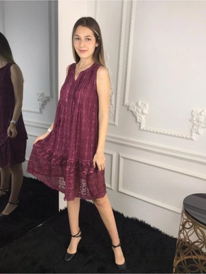 Bohemania Kadın Bordo Etek Ucu Fırfırlı Kolsuz Dantelli Elbise