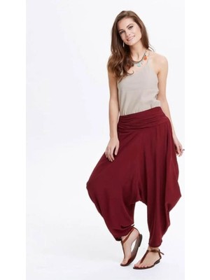 Bohemania Drape Bel Detaylı Dökümlü Bordo Şalvar Pantolon