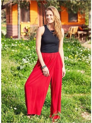 Bohemania Kruvaze Beli Lastikli Cepli Kirmizi Bol Pantolon