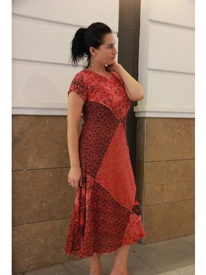 Bohemania Kadın Kırmızı Ay Kol Patchwork Naturel Elbise