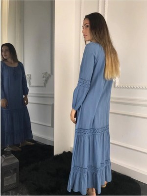 Bohemania Kadın Mavi Uzun Kollu Naturel Uzun Elbise