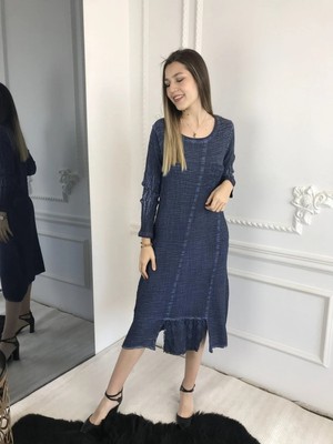 Bohemania Kadın Koyu Mavi Uzun Kollu Antik Dokuma Müslin Elbise