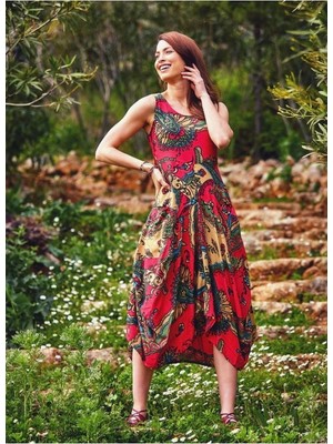 Bohemania Etnik Desenli Asimetrik Kesim Kırmızı Elbise