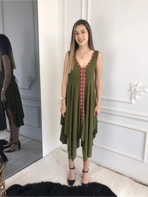 Bohemania Haki Asimetrik Şerit Desen Detaylı Bohem Elbise