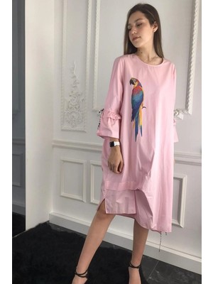 Bohemania Kadın Pembe Viskon Pamuk Kolları Pileli Elbise