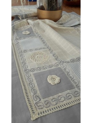 Bohemania Mavi El Işi Patchwork Dantelli Naturel Runner