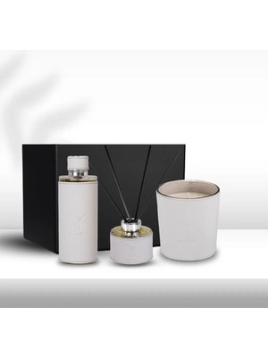 Deri Akısh Açık Gri Mum 500GR & Kolonya 250ML & Diffuser 150ML Hediye Seti
