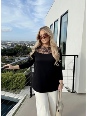 Koza Butik Kadın Büyük Beden Truvakar Kol Yakası Dantel Detaylı Bluz 2031-26