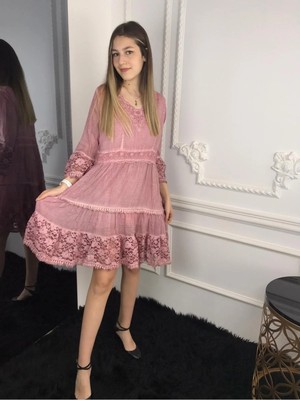 Bohemania Kadın Pudra Dantelli Çan Elbise