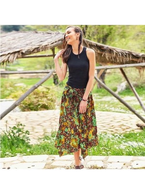 Bohemania Beli Bağlamalı Salaş Midi Yeşil Desenli Kloş Etek