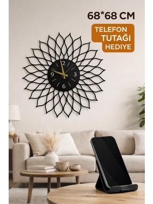 Madam Gold Dekoratif Sessiz Siyah Metal Duvar Saati 68*68 Metal Telefon Tutacağı Hediyeli