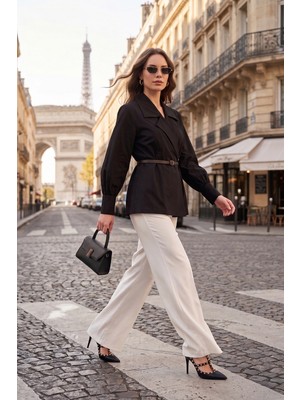 Lela Kruvaze Yaka Kemerli Balon Kollu Pamuklu Gömlek Bayan Gömlek 6835057