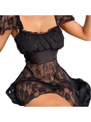Evrenial Alt Kısmı Tül Üst Kısmı Jarse Mini Fantazi Siyah Gecelik