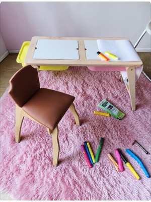 Yaz Sil Yüzeyli Kontraplak Katlanır Deri Döşemeli Tek Sandalyeli Çocuk Aktivite Masa Takımı
