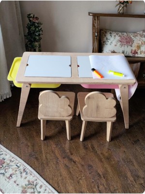 Yaz Sil Yüzeyli Kontraplak Ahşap Bulut Figür Katlanır Çocuk Aktivite Çift Sandalyeli Masa Takımı