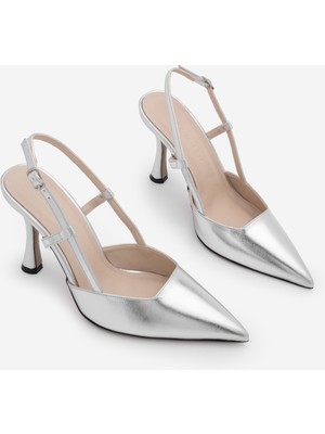 Marjin Kadın Sivri Burun Ince Ökçe Atkılı Abiye Klasik Topuklu Ayakkabı Reney Gümüş