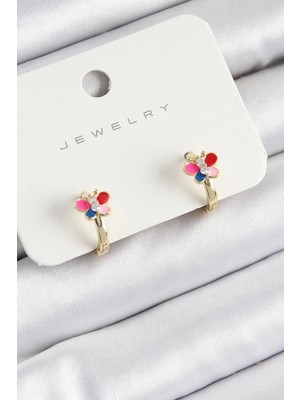 Famemus Accessory Pirinç Zirkon Taşlı Kelebek Model Gold Renk Çocuk Küpe
