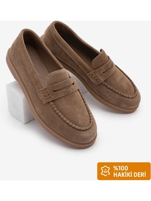 Marjin Kadın  Deri Loafer Ayakkabı Taba Süet Düz Taban ile Rahat Günlük Stil
